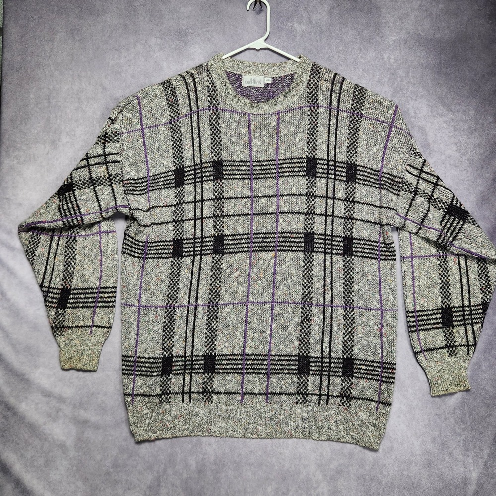 Vintage JJ Cochran Tall Man XXXL Plaid Knit Sweater Made USA Gray Purple Black